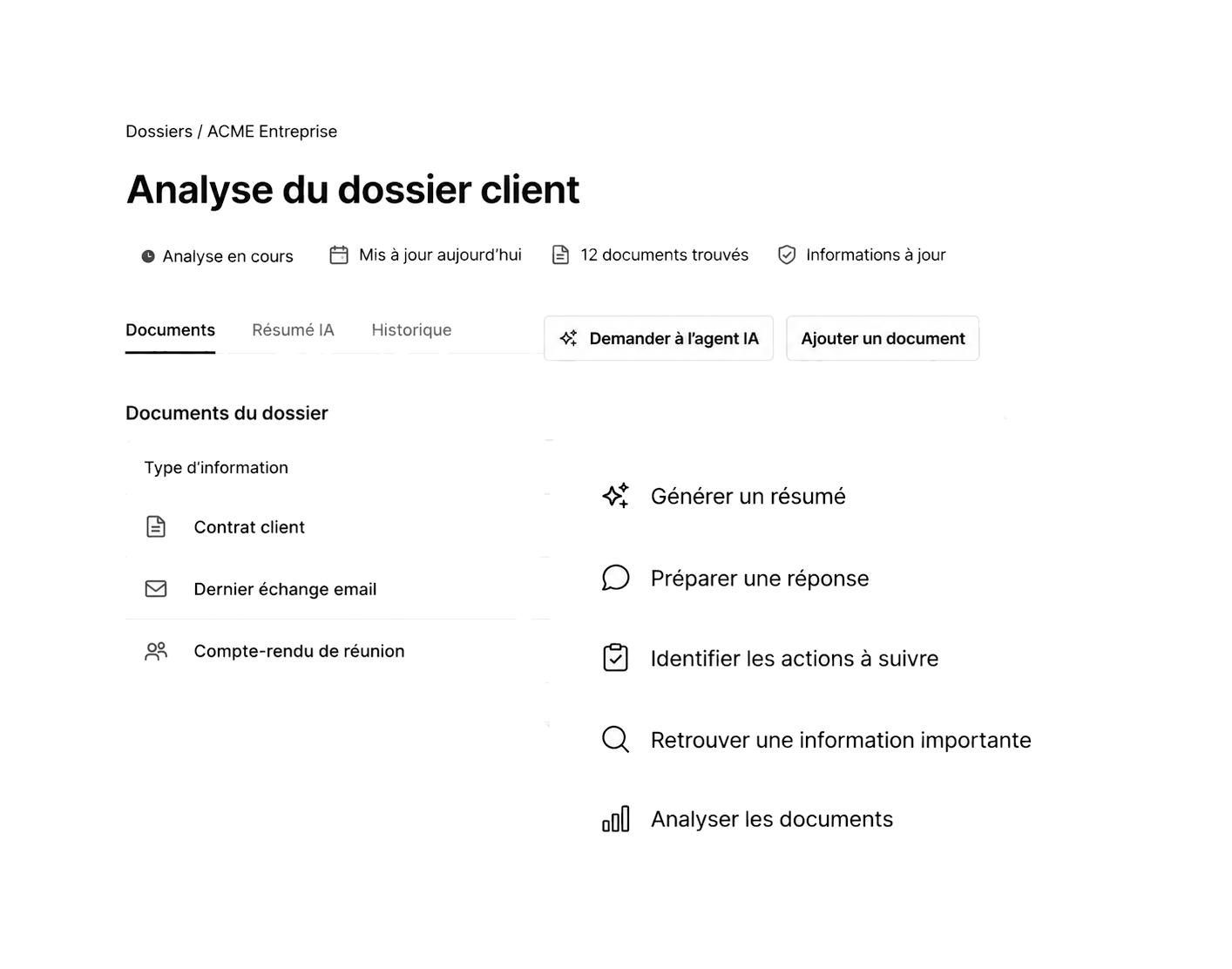 Interface IA analysant un dossier client avec actions recommandées