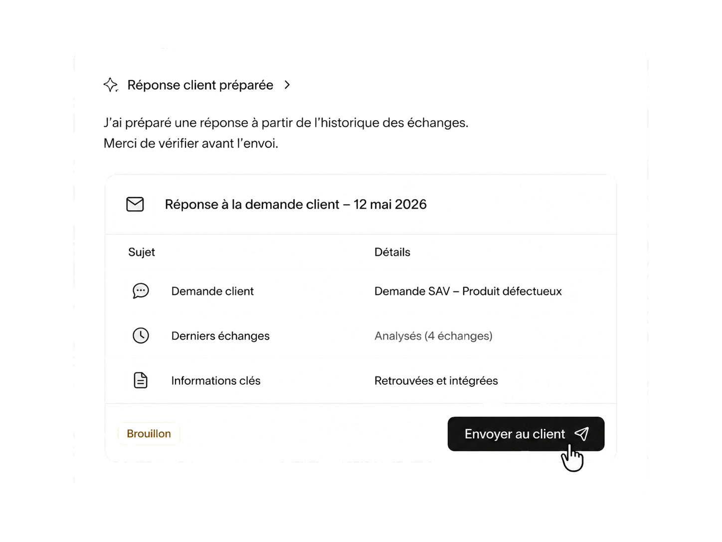 Interface préparant une réponse client avec détails de demande