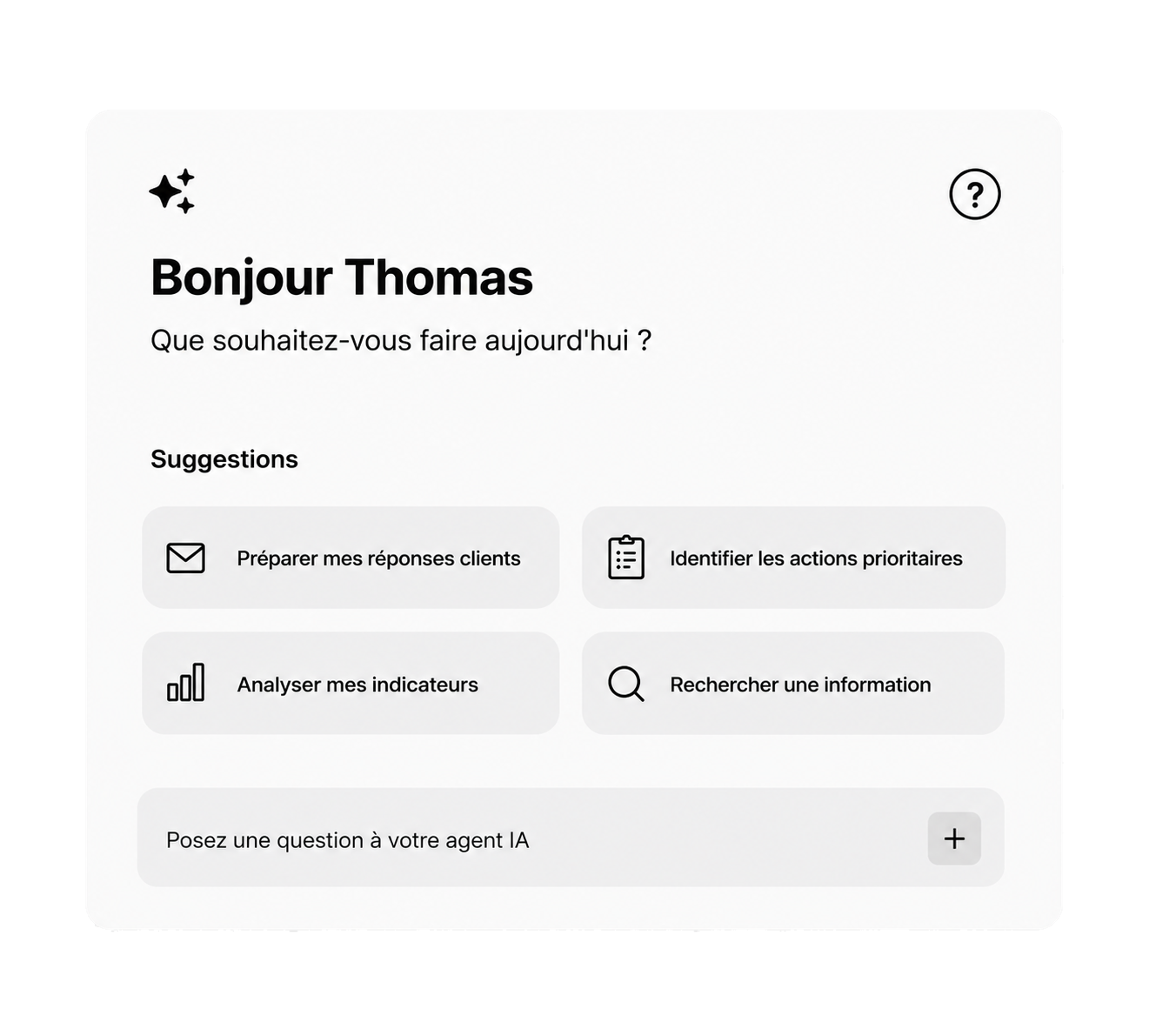 Interface agent IA proposant des suggestions de travail à un collaborateur
