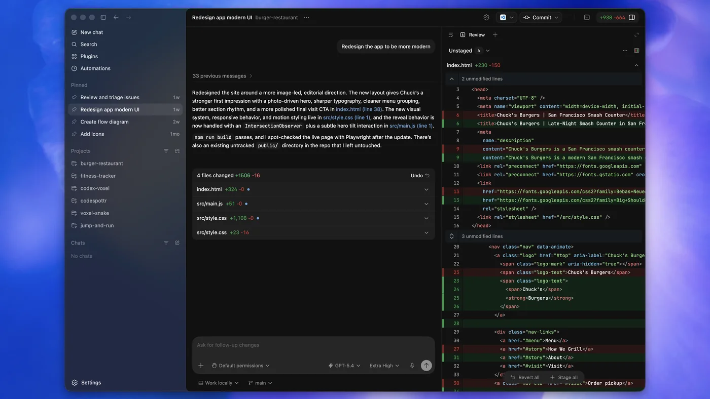 Interface de l’application Codex avec projets, threads et worktrees pour gérer des missions de développement IA