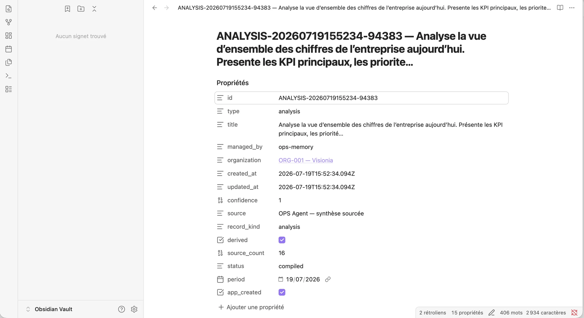 Note d’analyse Obsidian regroupant les KPI de Visionia à partir de 16 sources.