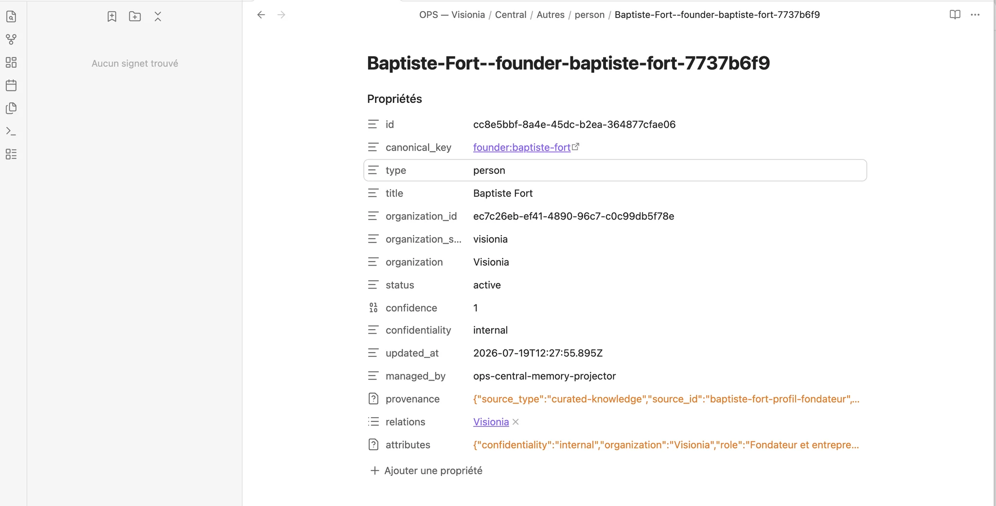Fiche de Baptiste Fort dans Obsidian avec son organisation et son lien vers Visionia.