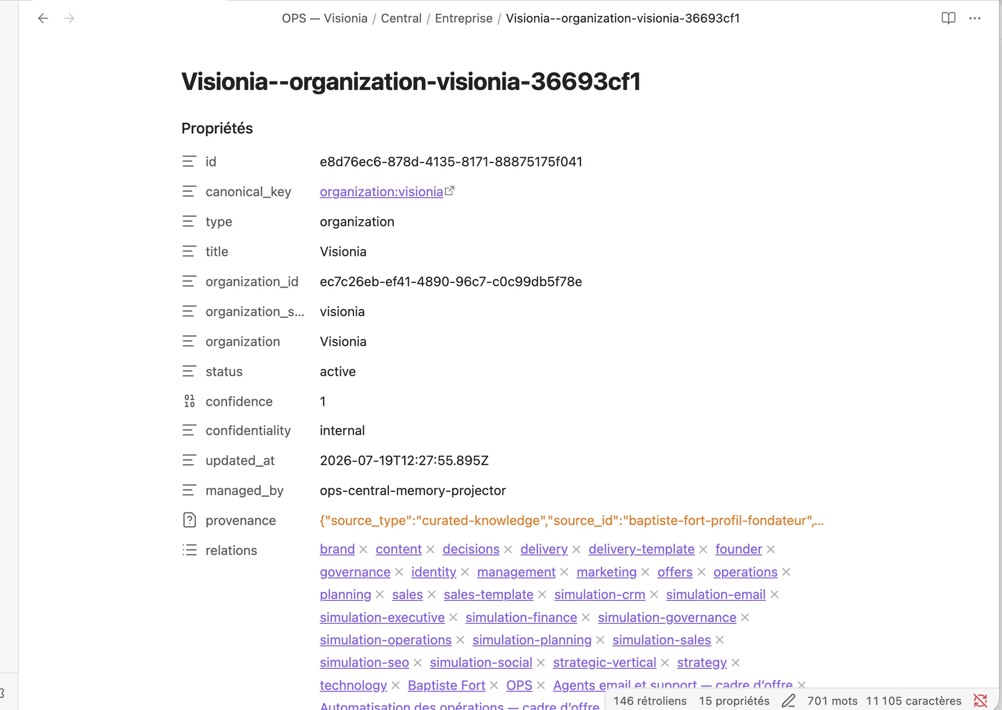Fiche de l’entreprise Visionia dans Obsidian avec son statut, sa provenance et ses relations.