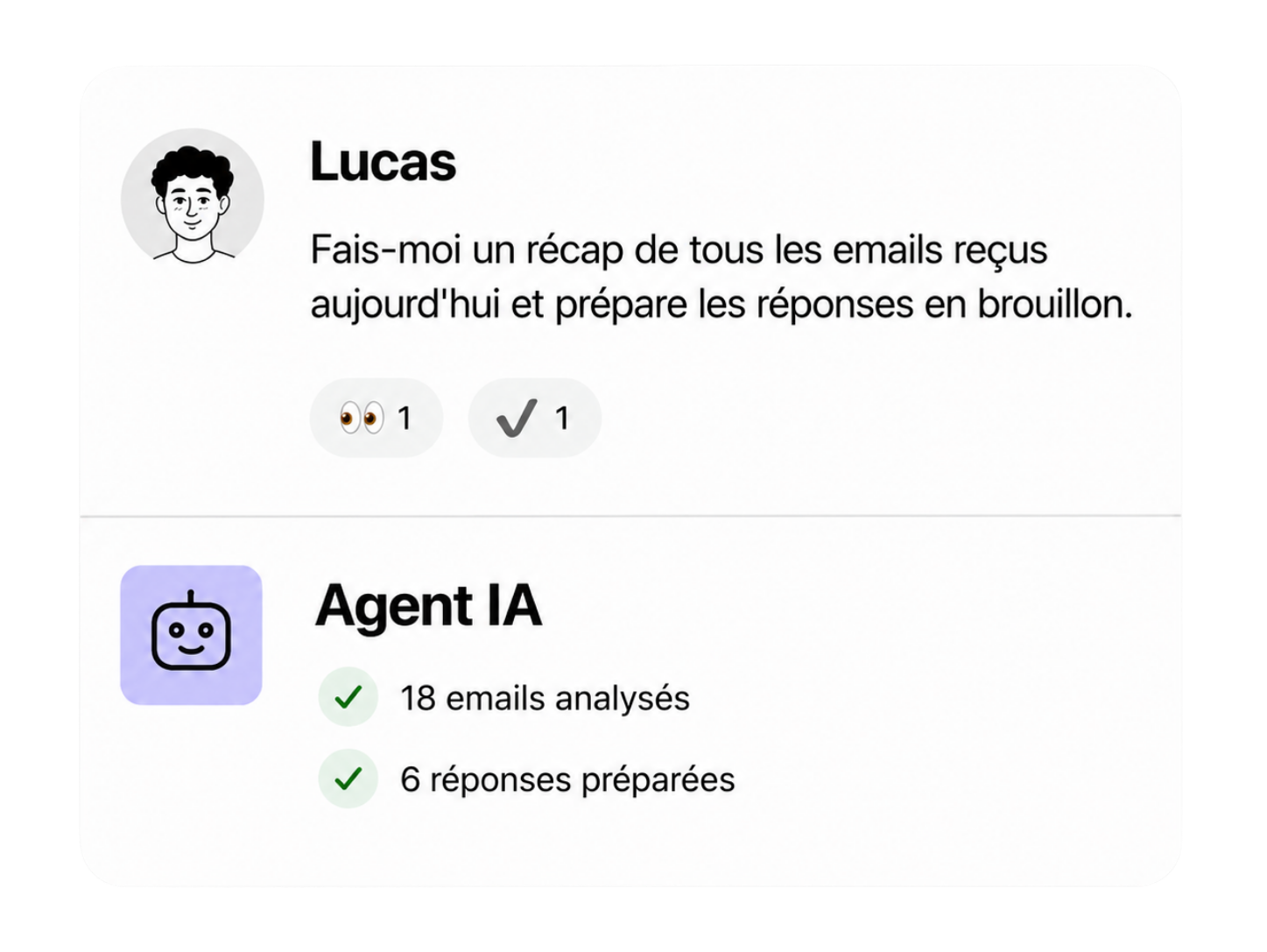 Interface d'une infrastructure IA pour entreprise permettant d'automatiser les tâches, d'analyser les données et d'exécuter des actions à partir d'une simple demande.