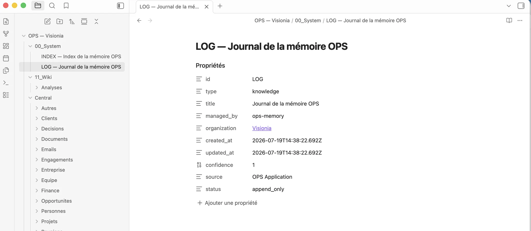 Journal de la mémoire OPS de Visionia dans Obsidian avec ses propriétés et ses dossiers.