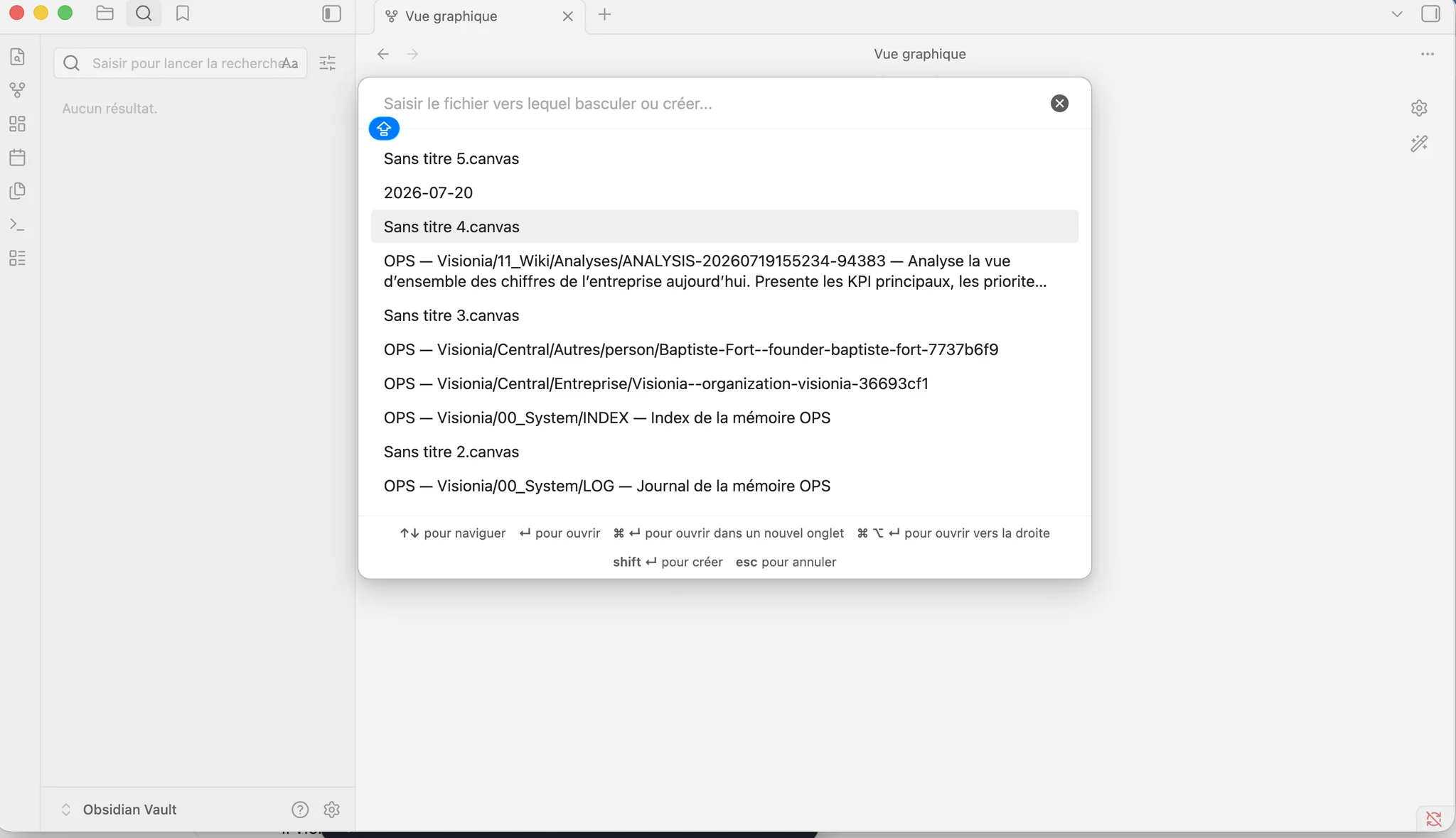 Recherche rapide Obsidian affichant les notes de l’organisation, des analyses et du journal.