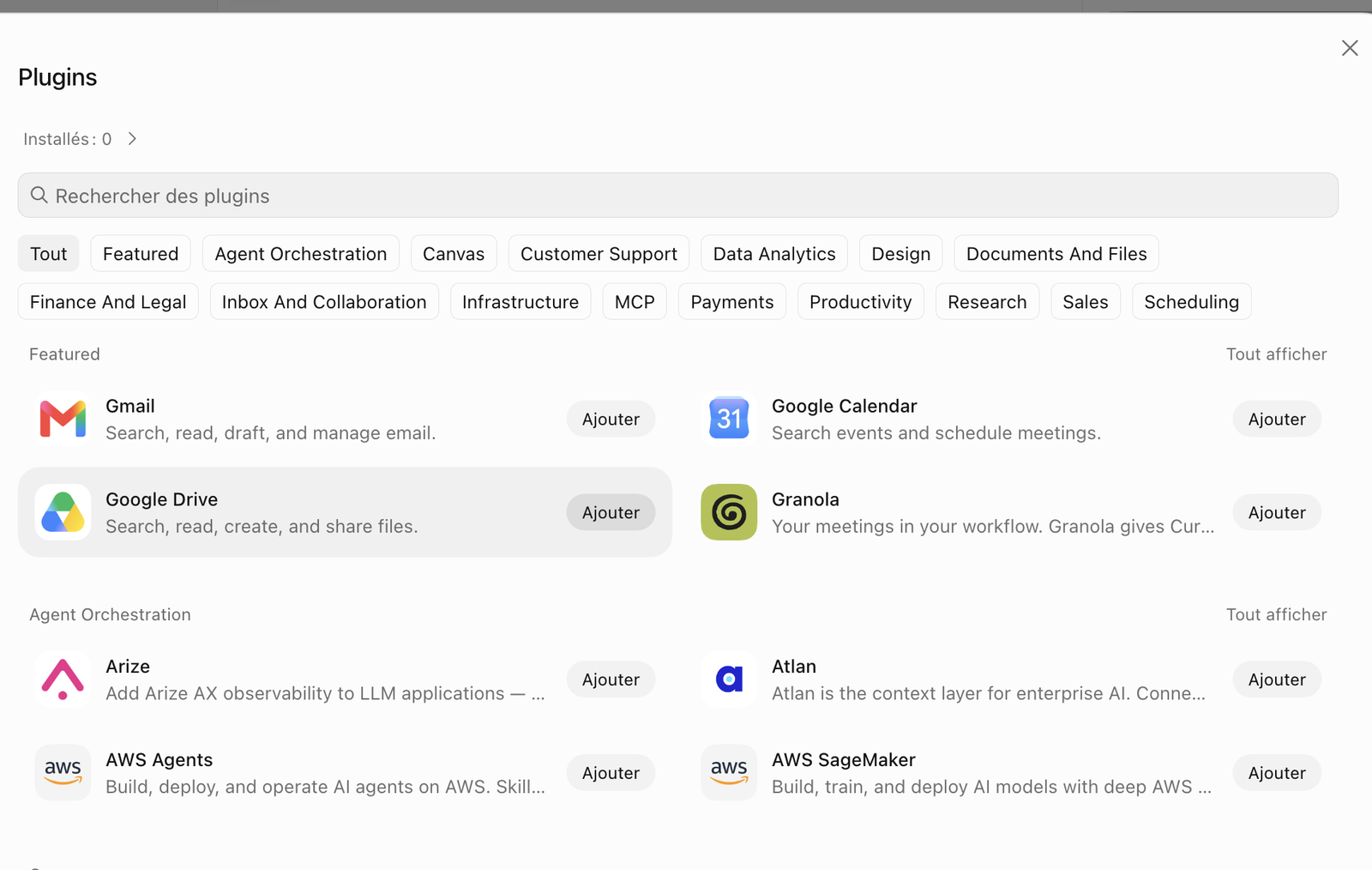 Catalogue de plugins et connecteurs pour agents IA